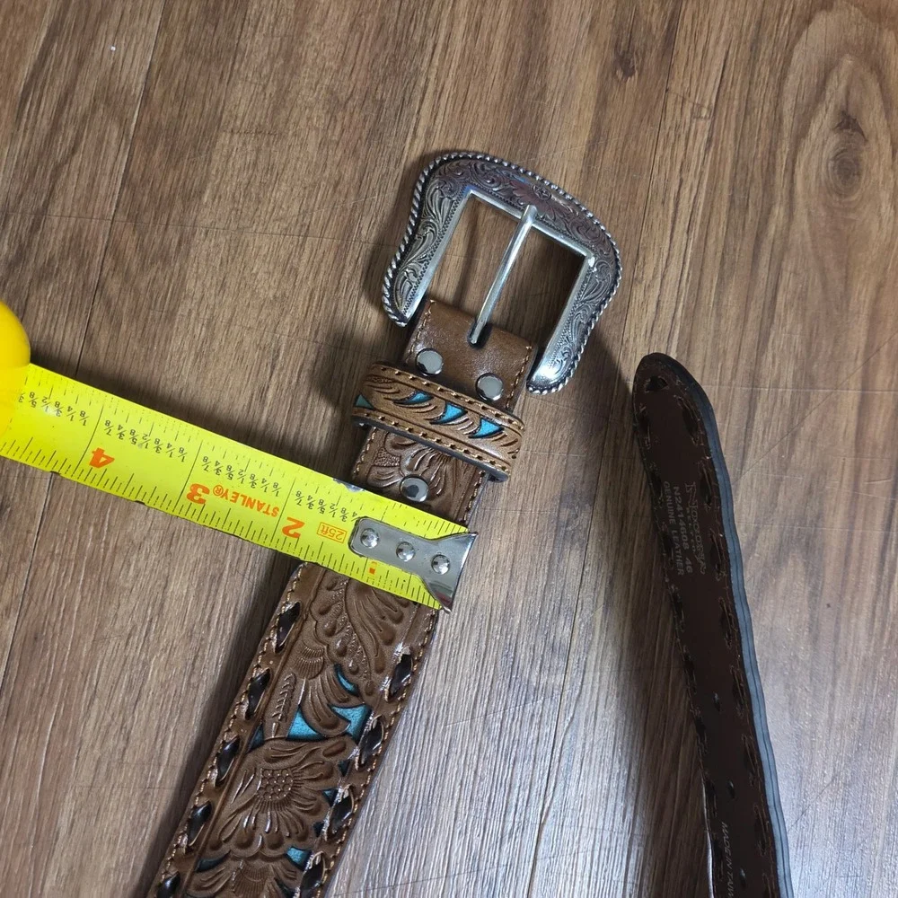 Nocona Belt Co Mens Tooled Leather Turquoise Underlay Western Belt 46 N2414608